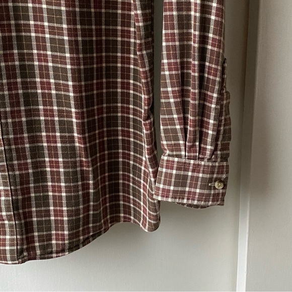 LL Bean cotton Shirt Size Medium Long ML brown plaid burgundy red Button Down - Picture 12 of 16